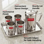 Stainless Steel Drinkware Set of 6, Water Jug with Lid 1800ml, 4pc Hammered-Style Glasses 350ml & Serving Tray