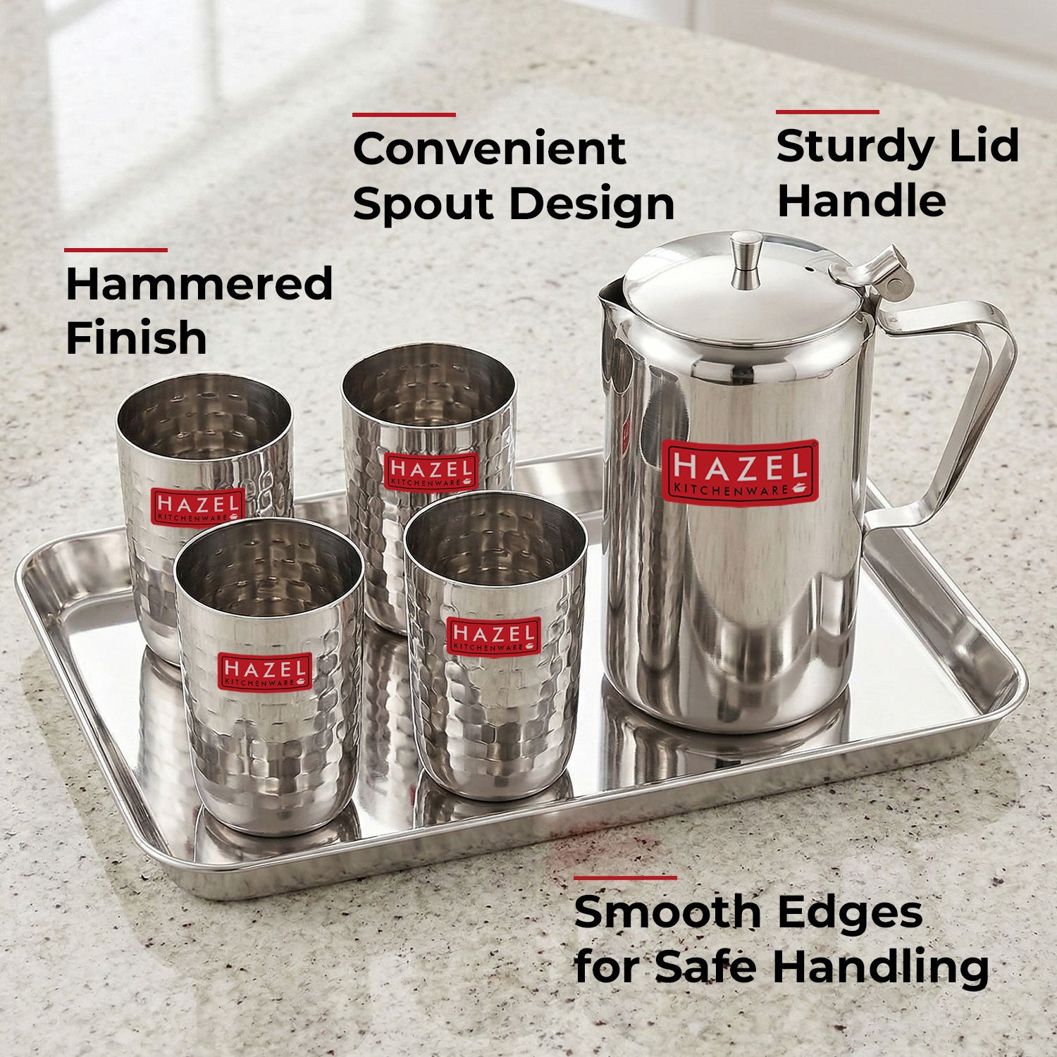 Stainless Steel Drinkware Set of 6, Water Jug with Lid 1800ml, 4pc Hammered-Style Glasses 350ml & Serving Tray
