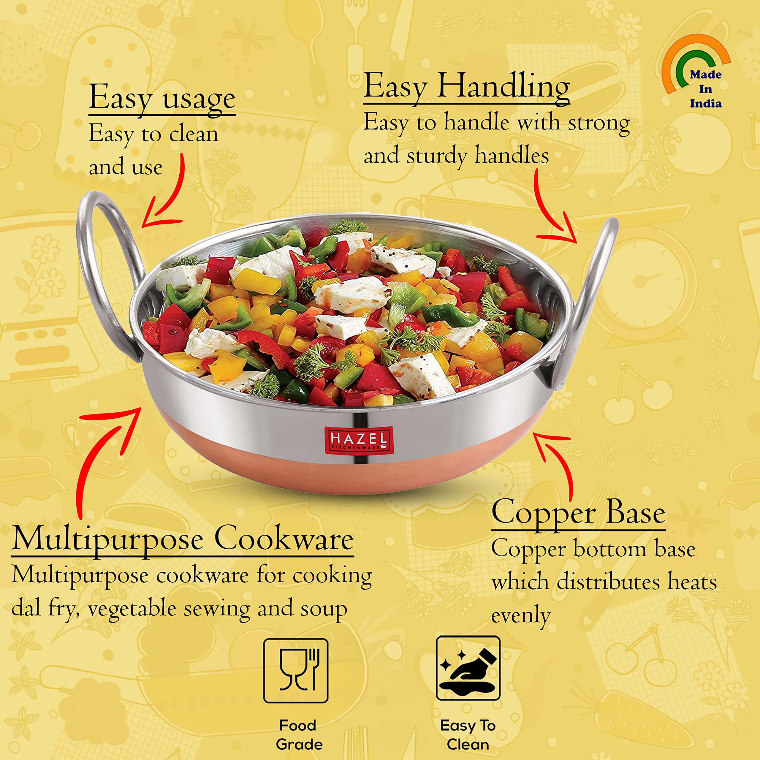 Stainless Steel Copper Base Kadai with Handle, 1.5L