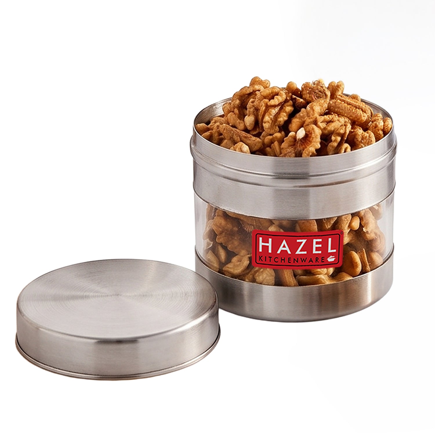 Stainless steel storage container with transparent section viewed from above.