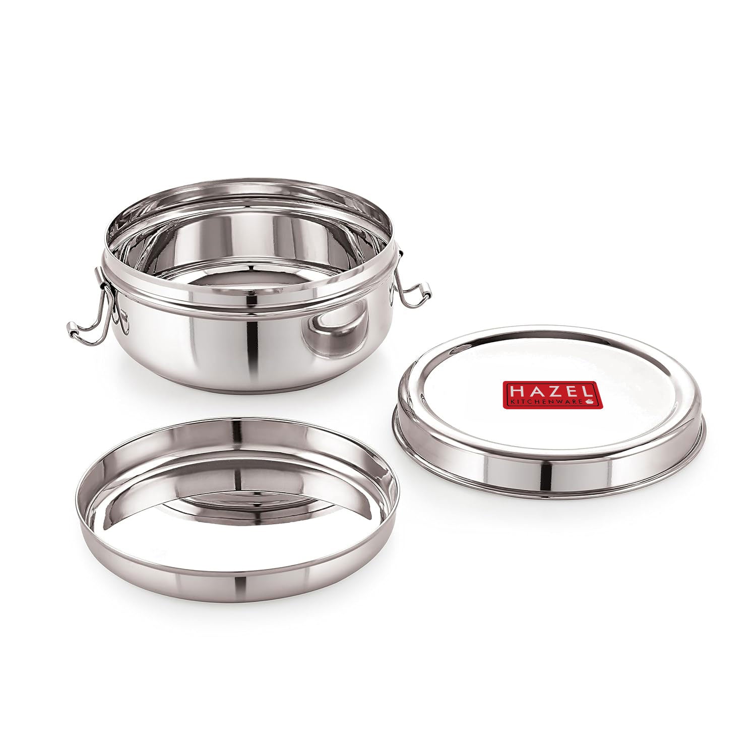 Single closed stainless steel lunch box with locking clips, shown front-facing on a white background.