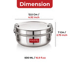 Single lunch box annotated with diameter (12.5 cm) and height (7 cm) dimensions and a capacity of 500 ml.