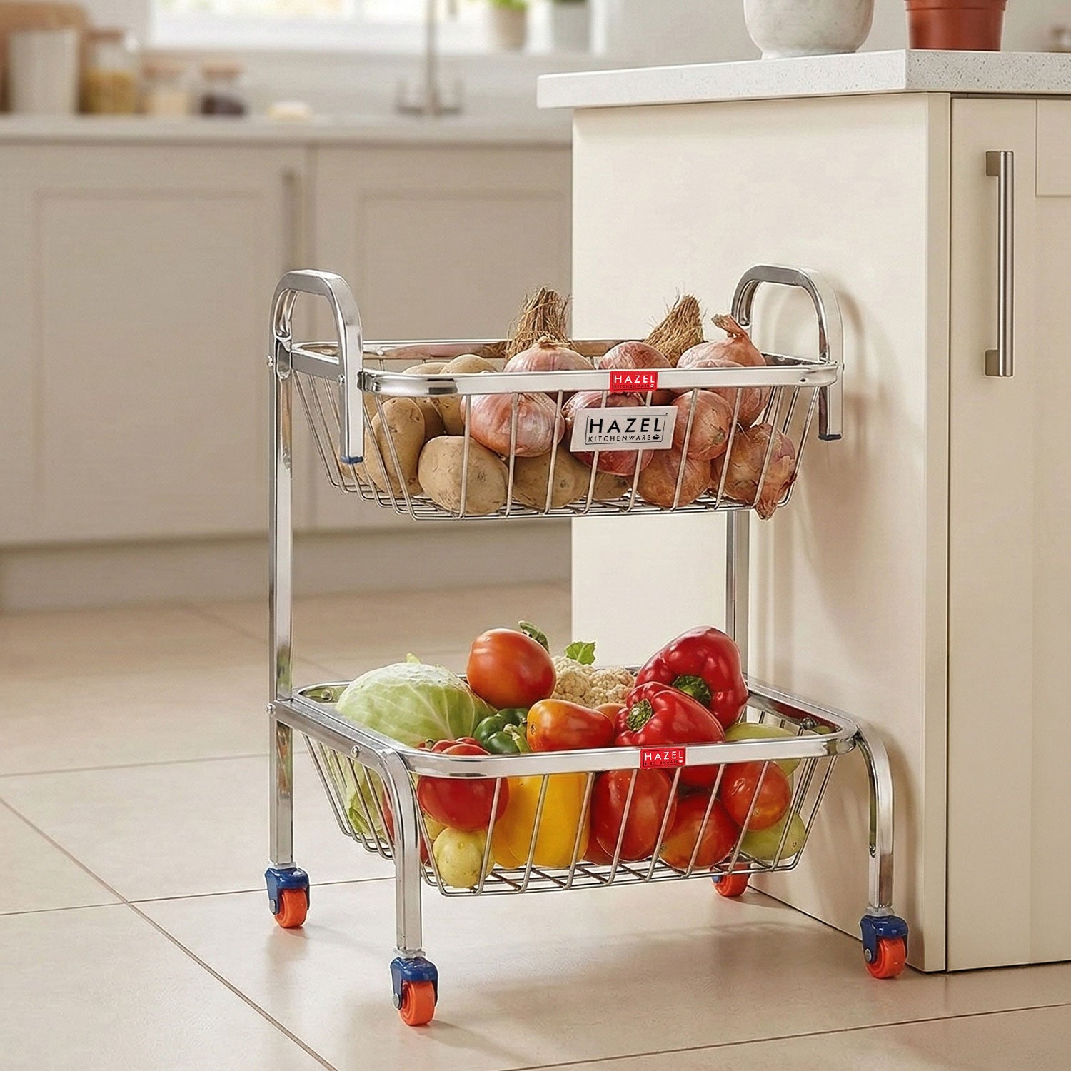 Stainless Steel 2-Layer Fruit & Vegetable Basket Trolley with Wheels, 18.2 Inches