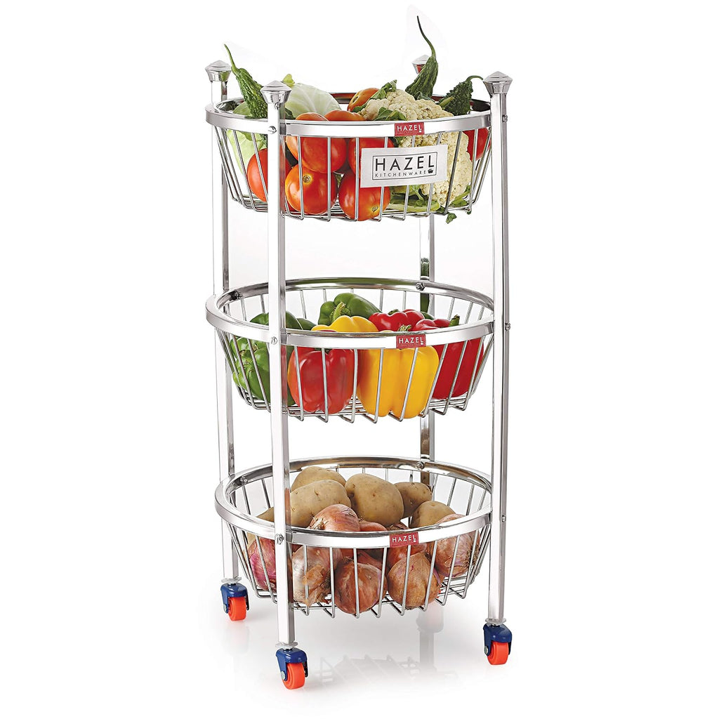 Stainless Steel Kitchen Storage Trolley Rack Round Stand with Wheel, 3 Layer, 14.2 x 24.4 In
