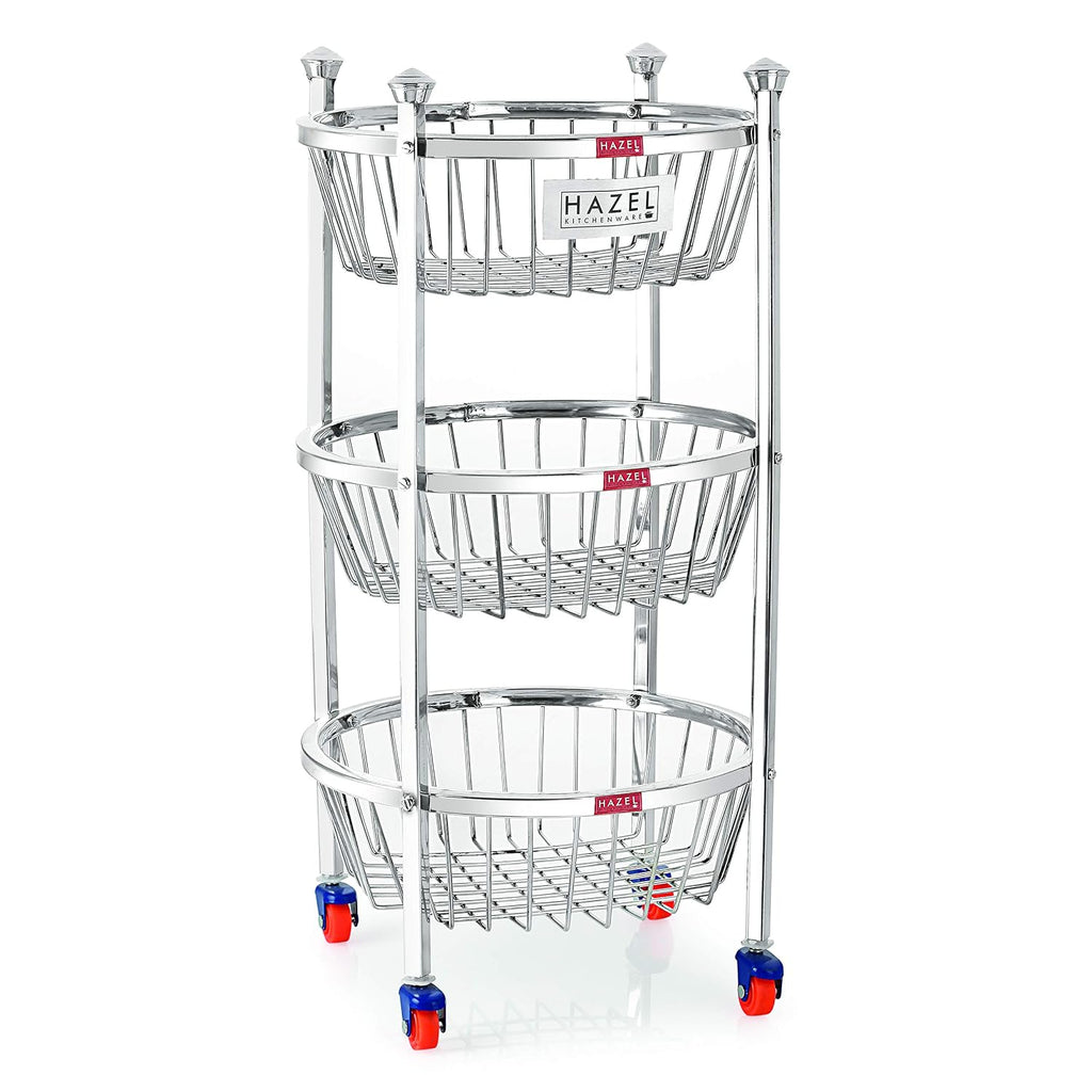 Stainless Steel Kitchen Storage Trolley Rack Round Stand with Wheel, 3 Layer, 14.2 x 24.4 In