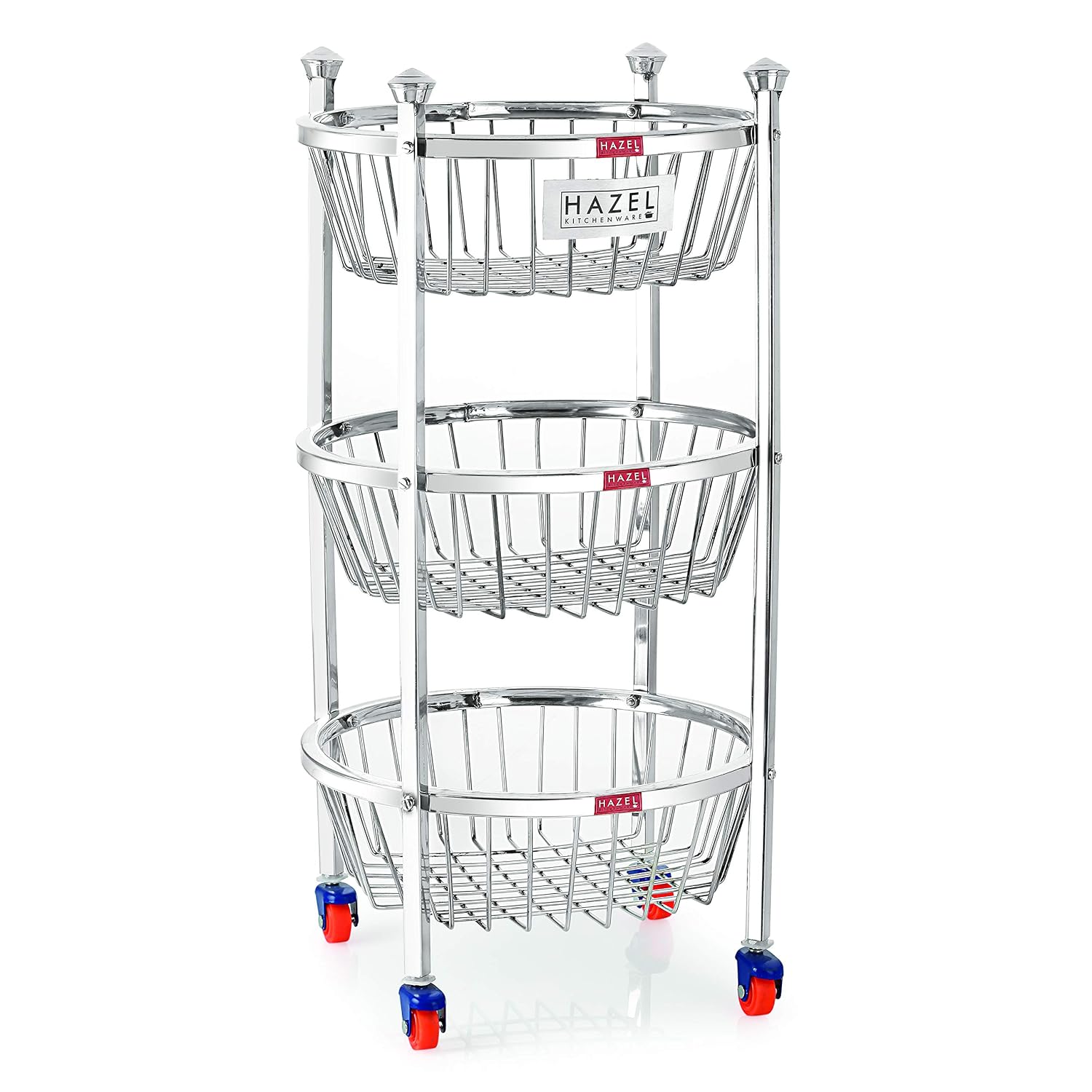 Stainless Steel Kitchen Storage Trolley Rack Round Stand with Wheel, 3 Layer, 14.2 x 24.4 In