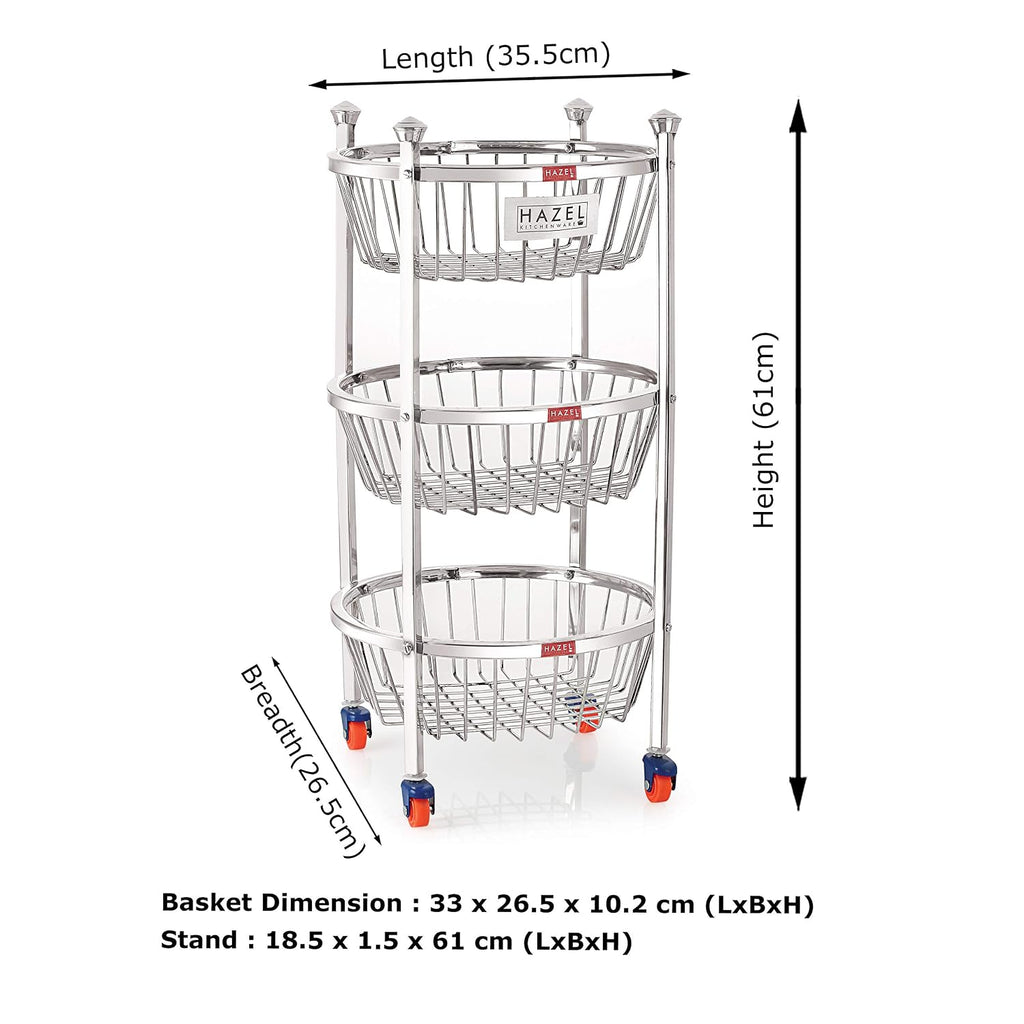 Stainless Steel Kitchen Storage Trolley Rack Round Stand with Wheel, 3 Layer, 14.2 x 24.4 In