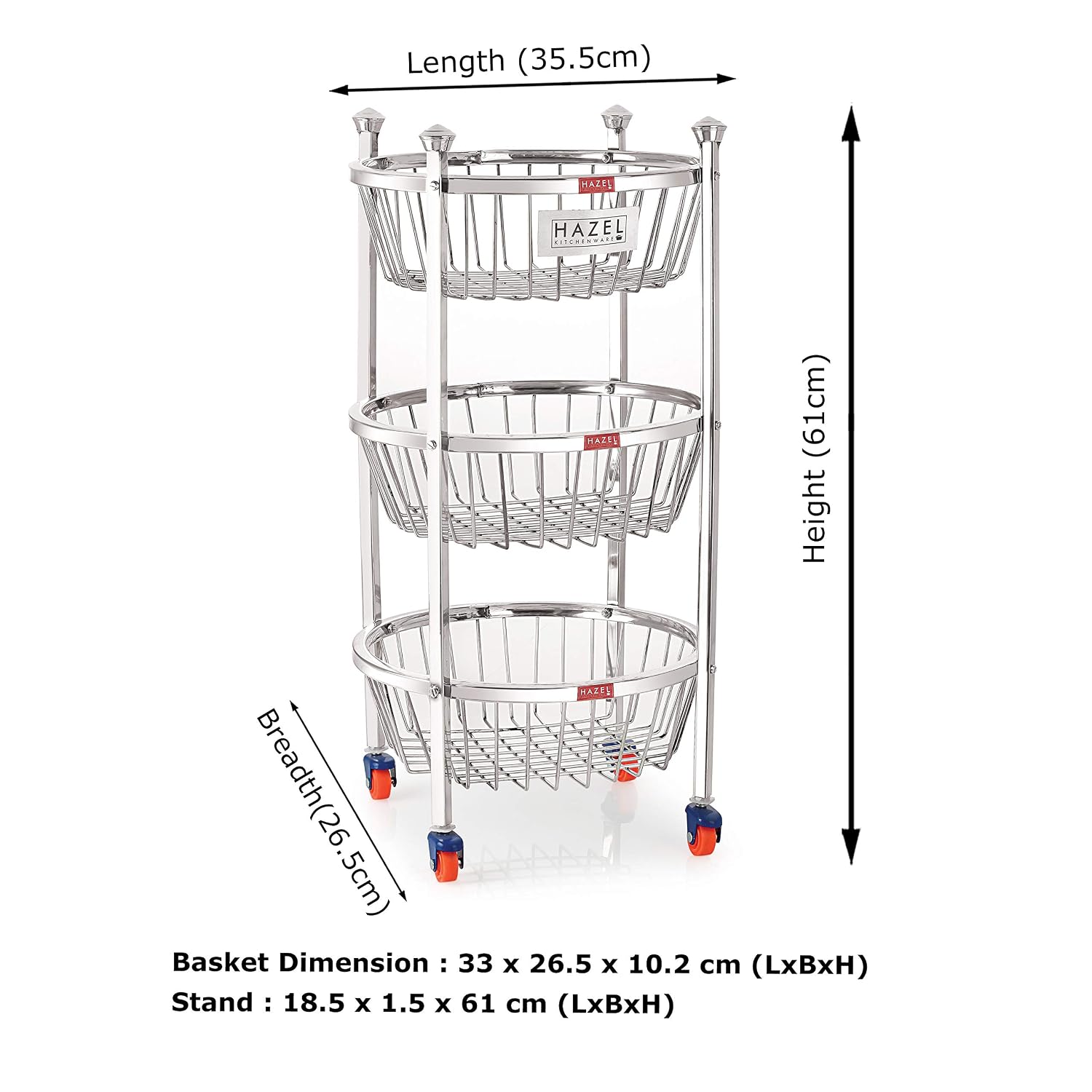 Stainless Steel Kitchen Storage Trolley Rack Round Stand with Wheel, 3 Layer, 14.2 x 24.4 In