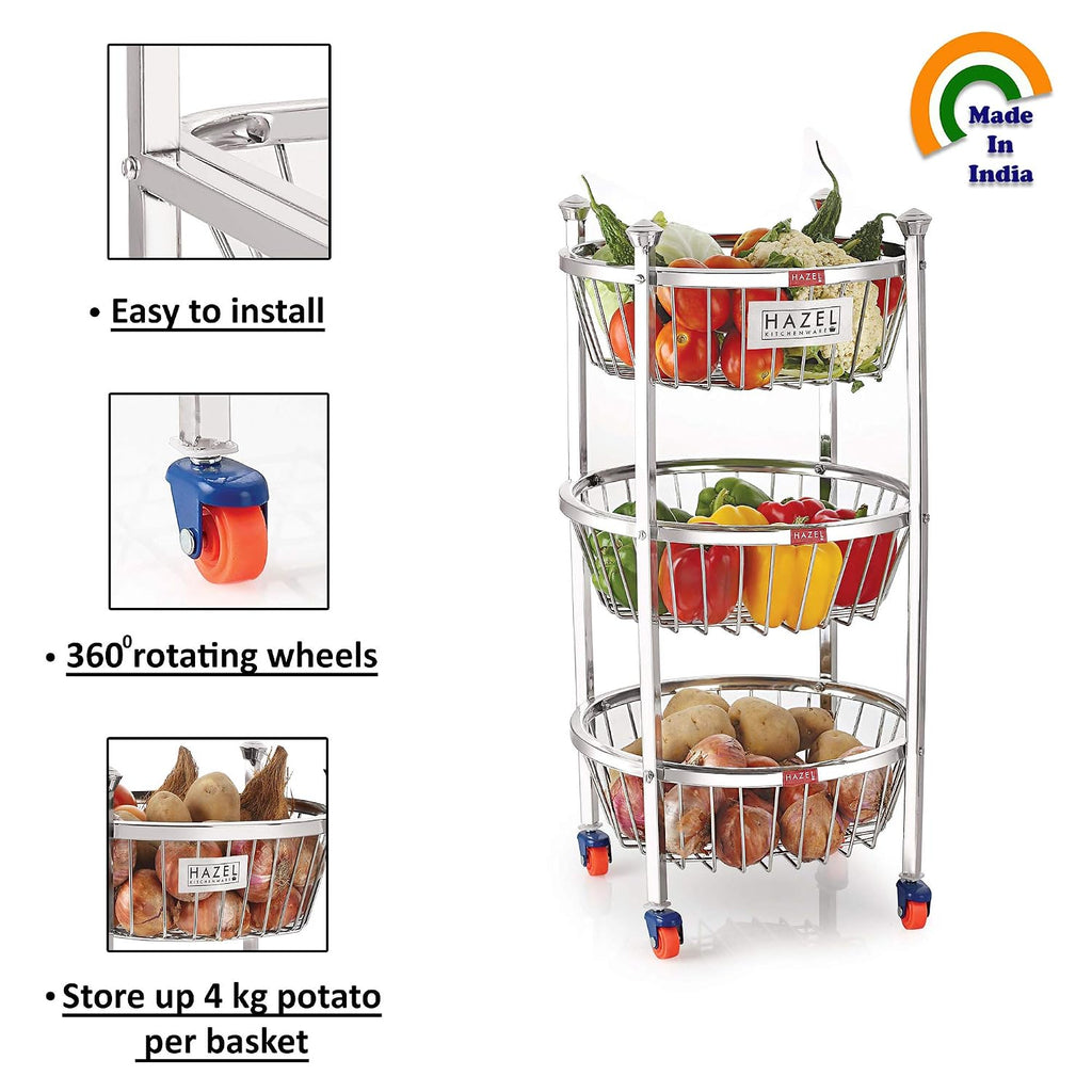 Stainless Steel Kitchen Storage Trolley Rack Round Stand with Wheel, 3 Layer, 14.2 x 24.4 In