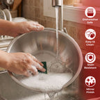 Hands washing the tasra under running water with a sponge, annotated with icons for Dishwasher Safe, Easy to Clean