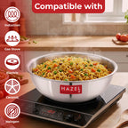 Tasra filled with noodles on an induction cooktop, annotated with "Compatible With" icons for induction, gas