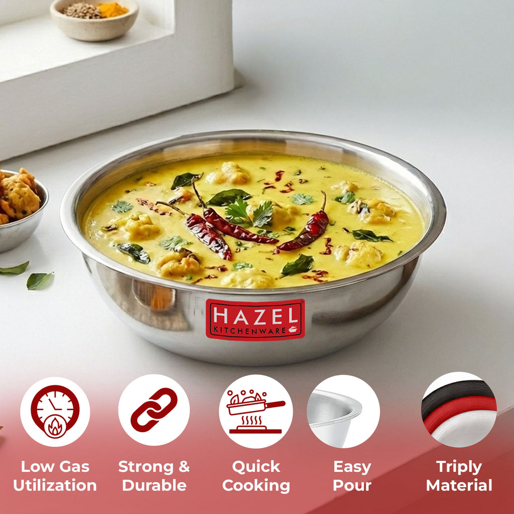 Tasra filled with curry, annotated with feature icons: Low Gas Utilization, Strong & Durable, Quick Cooking