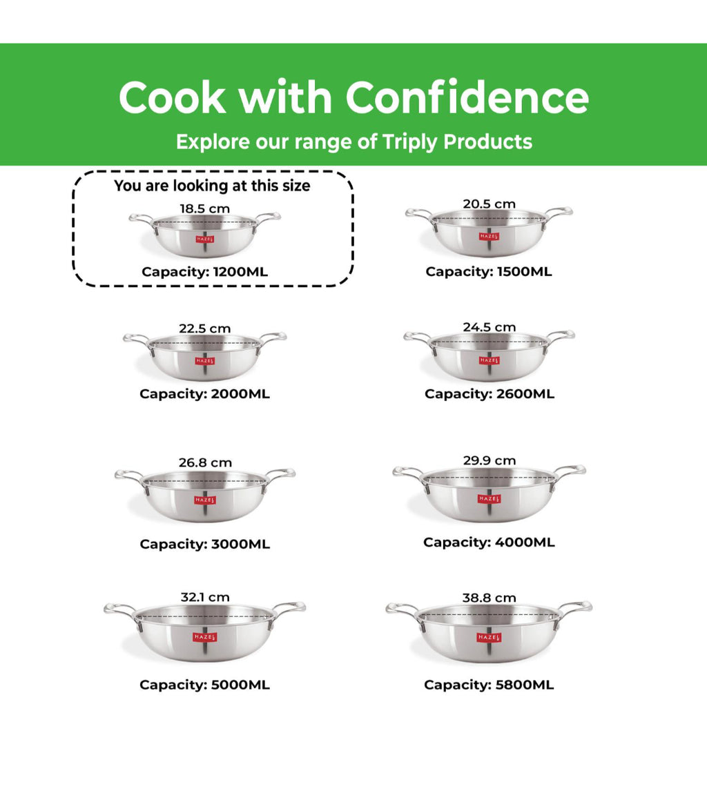 Triply Stainless Steel Kadai with Induction Bottom, 1.2 L, 18.5 cm
