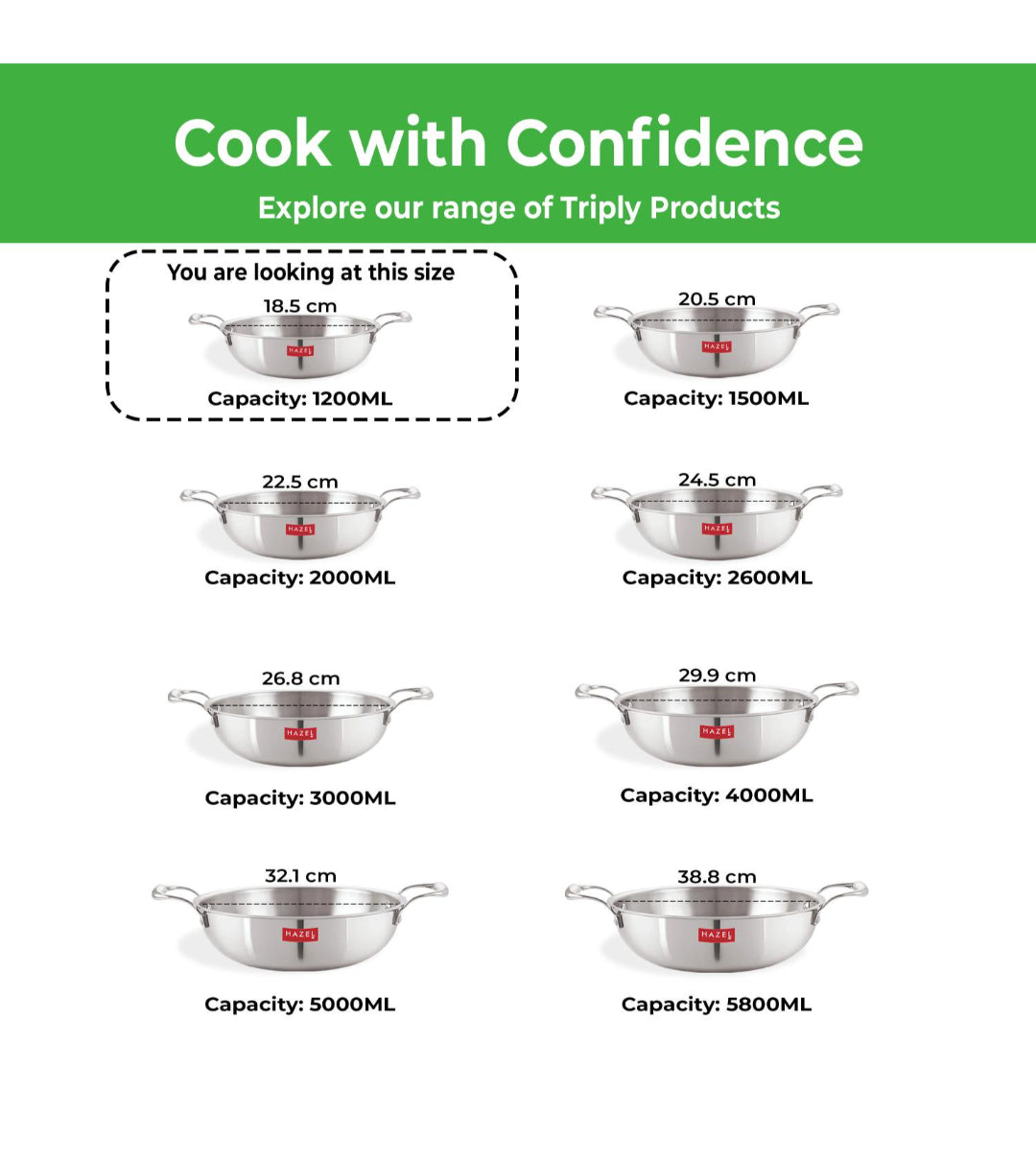 Triply Stainless Steel Kadai with Induction Bottom, 1.2 L, 18.5 cm