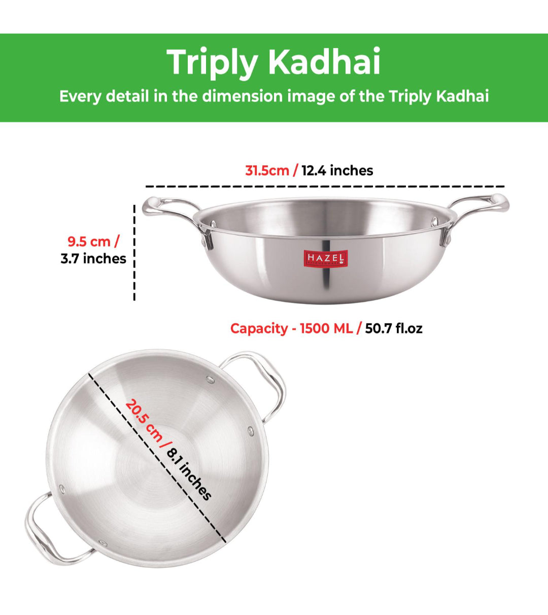 Triply Stainless Steel Kadai with Induction Bottom, 1.5 L, 20.5 cm