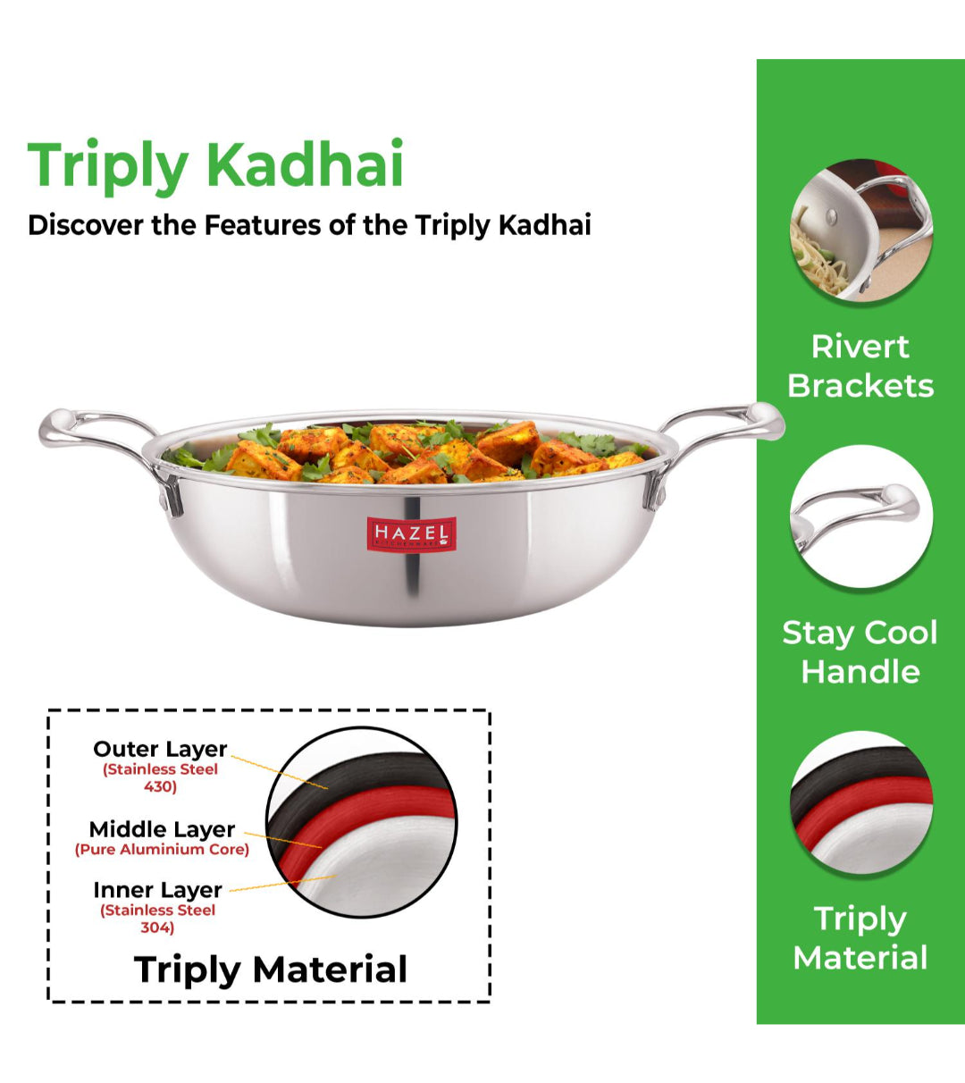 Triply Stainless Steel Kadai with Induction Bottom, 1.5 L, 20.5 cm