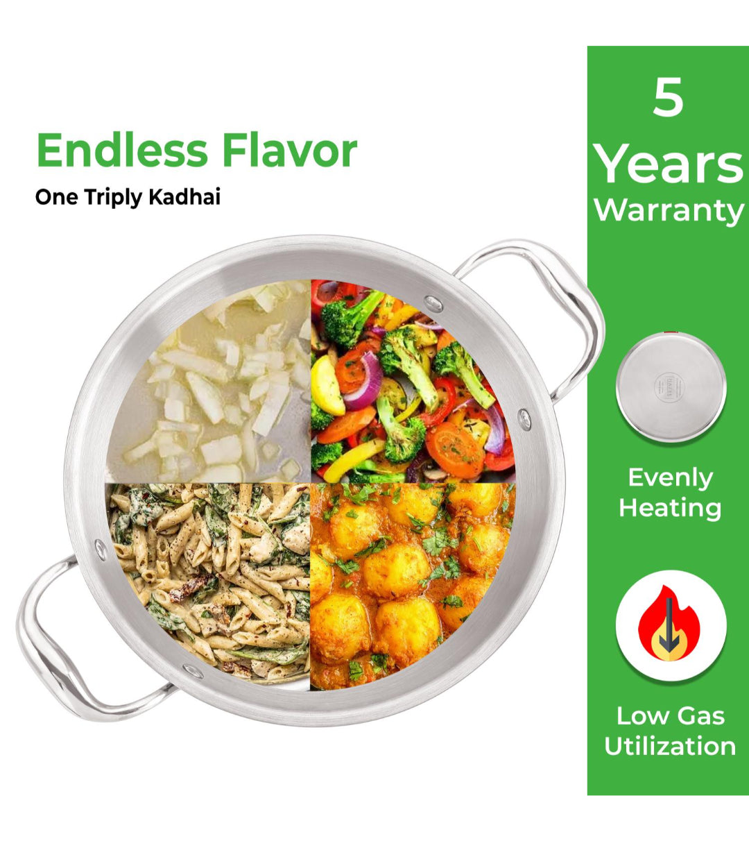 Triply Stainless Steel Kadai with Induction Bottom, 1.5 L, 20.5 cm