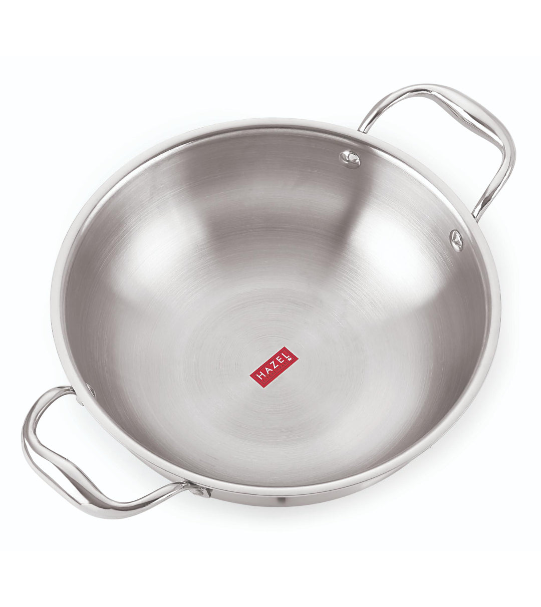 Empty stainless steel triply kadai with two side handles, shown from a top-front angle on a white background.