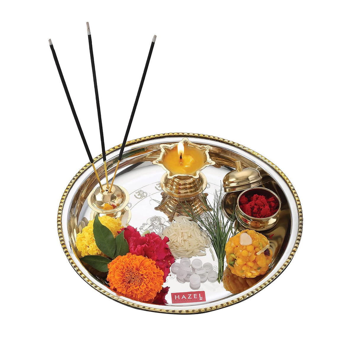 Stainless Steel Pooja Aarti Thali Set With Diva, 22cm