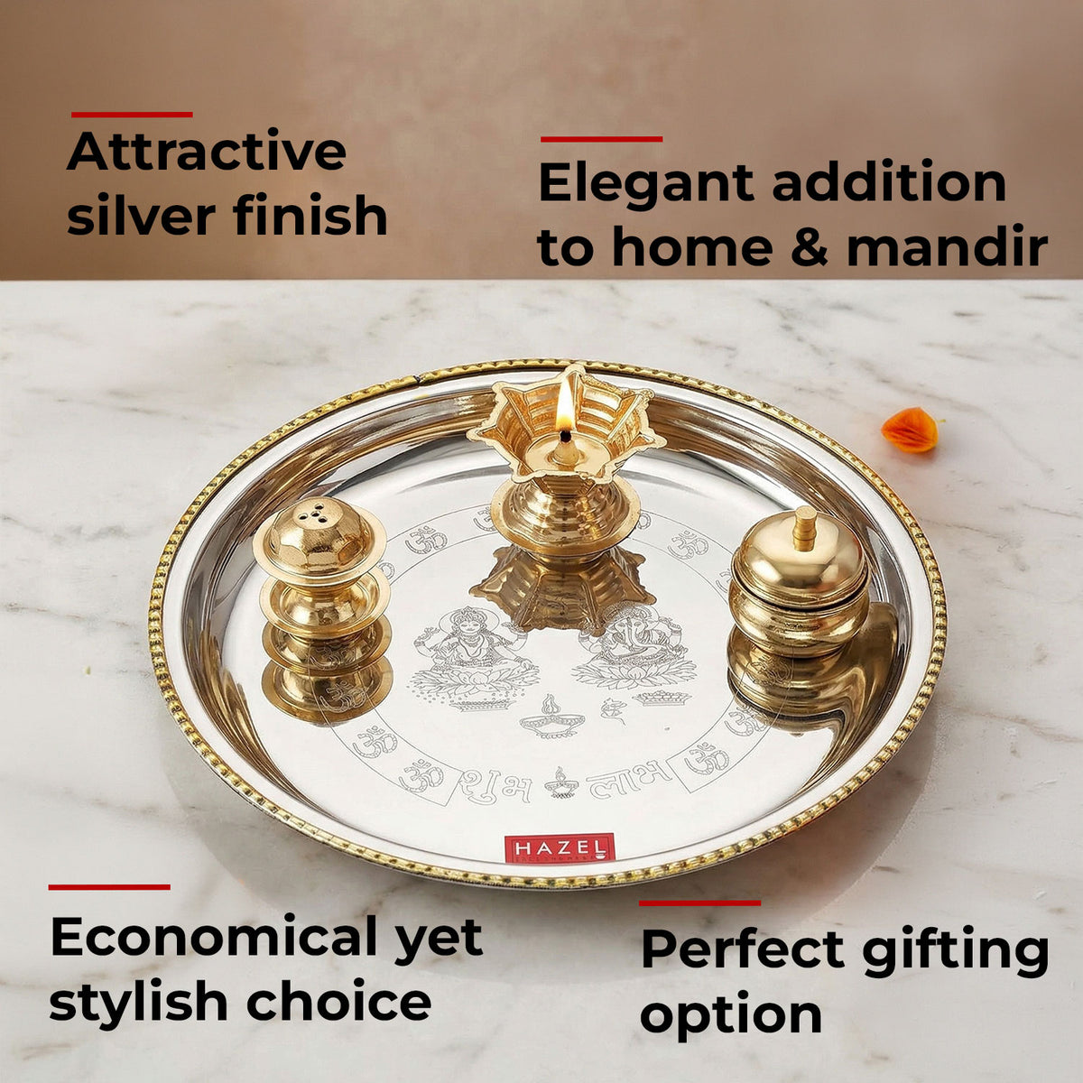 Round Pooja Aarti Thali Set with Diya, Vati & Katori for Home Temple