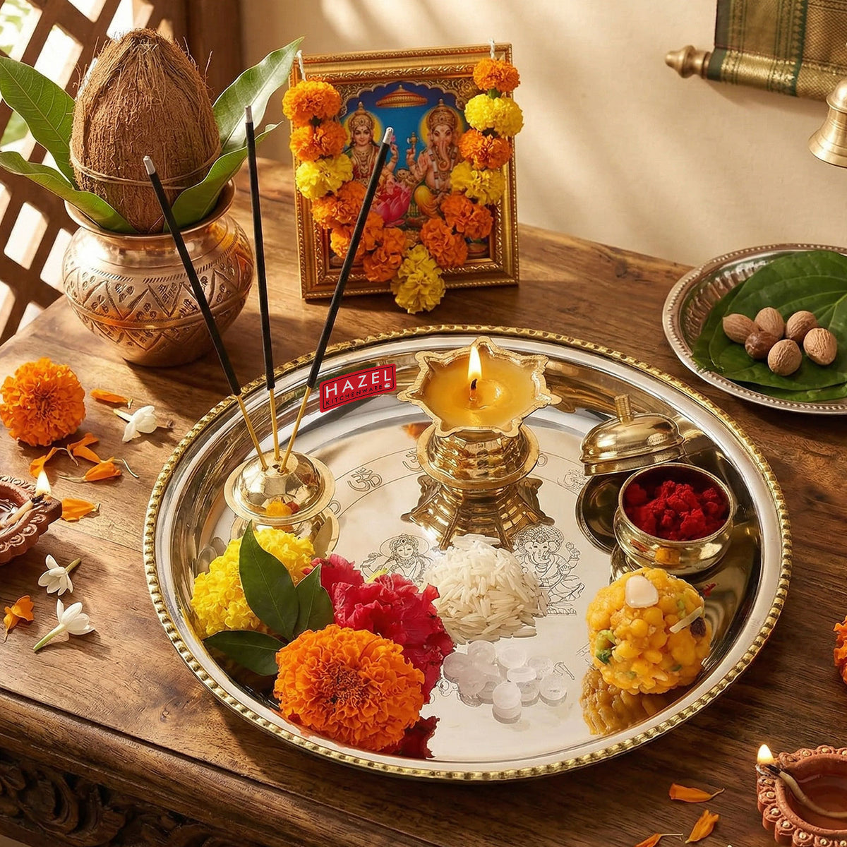 Round Pooja Aarti Thali Set with Diya, Vati & Katori for Home Temple