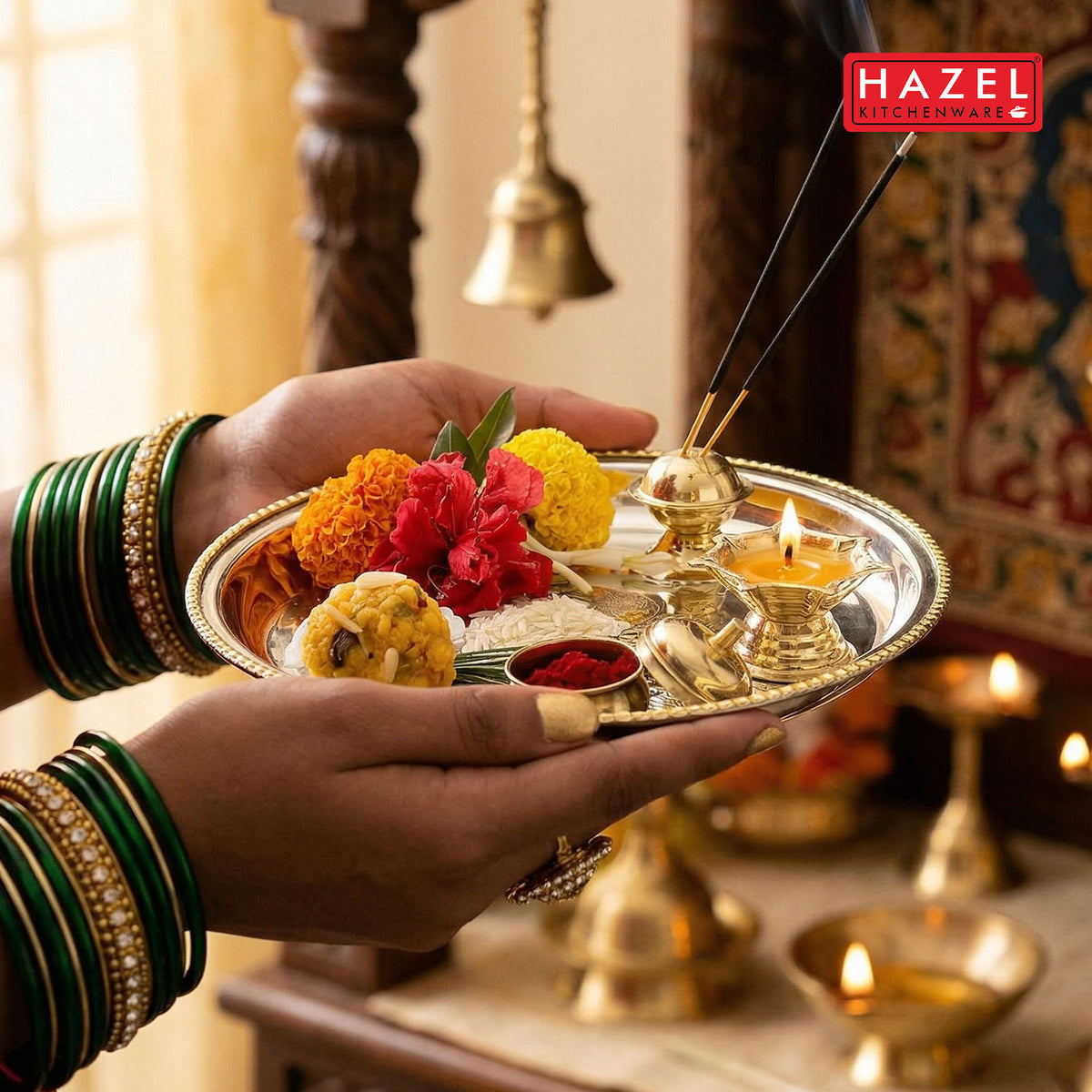 Round Pooja Aarti Thali Set with Diya, Vati & Katori for Home Temple