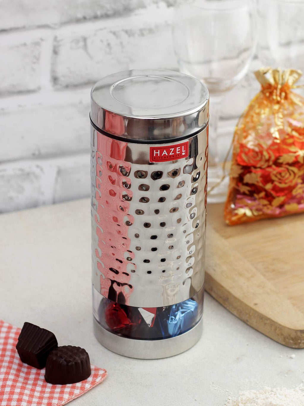 Stainless Steel Hammered Finish Transparent Glossy See Through Container, 1000 ml, Silver