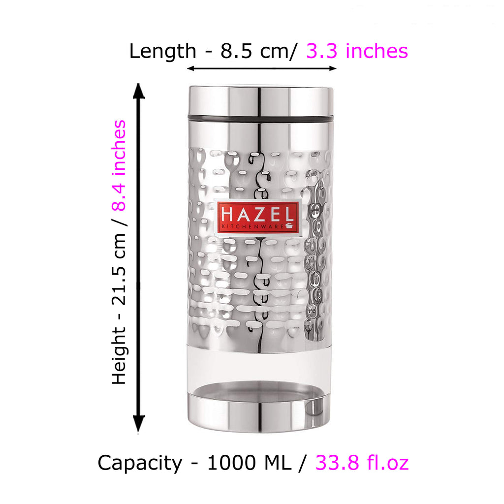 Stainless Steel Hammered Finish Transparent Glossy See Through Container, 1000 ml, Silver