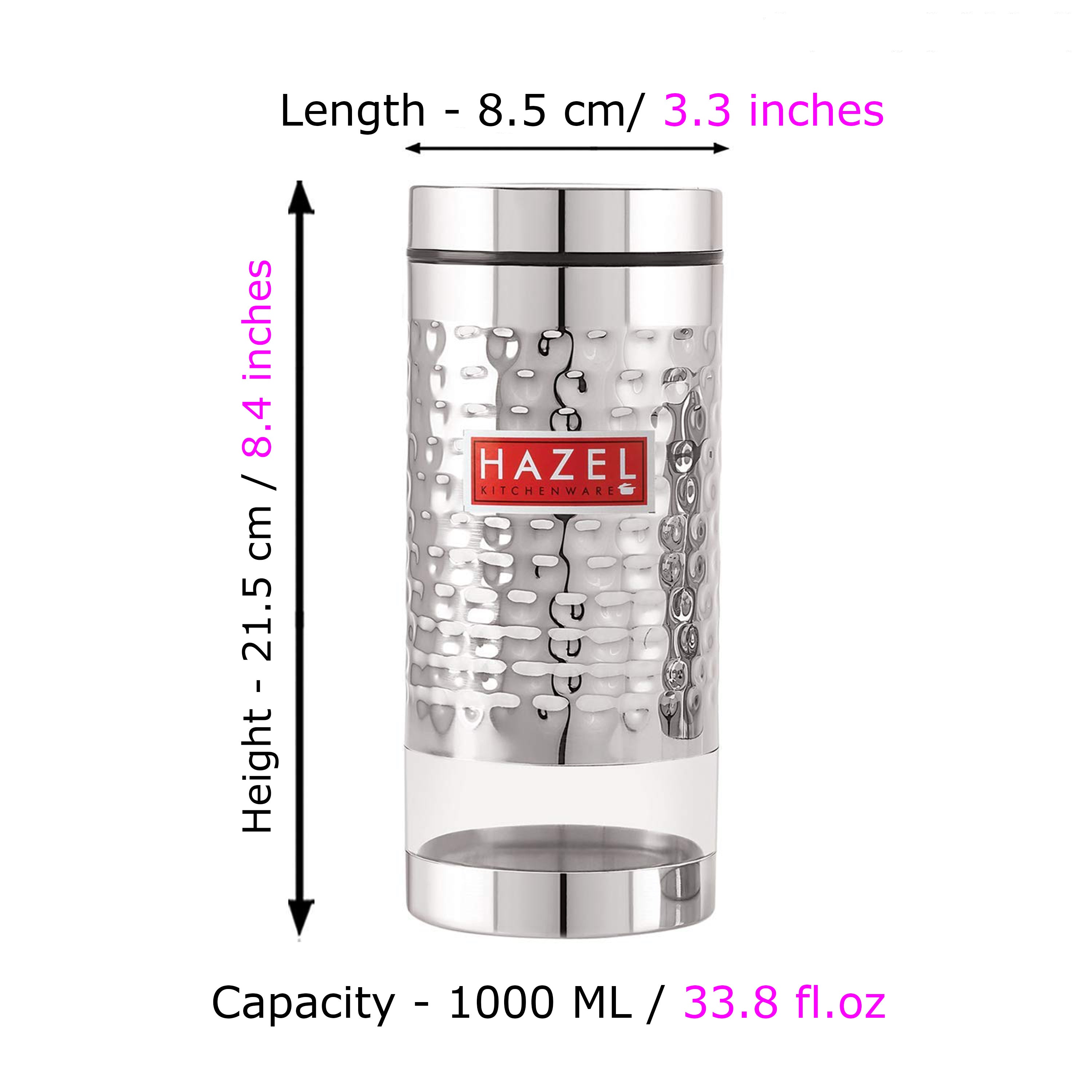 Stainless Steel Hammered Finish Transparent Glossy See Through Container, 1000 ml, Silver