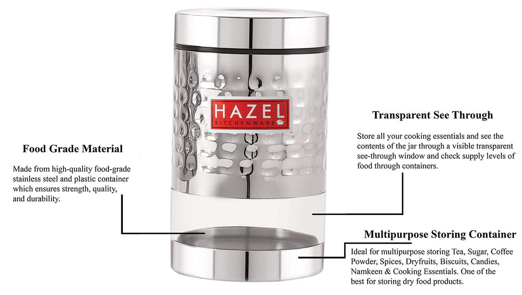 Stainless Steel Hammered Finish Transparent Glossy See Through Container, 1000 ml, Silver