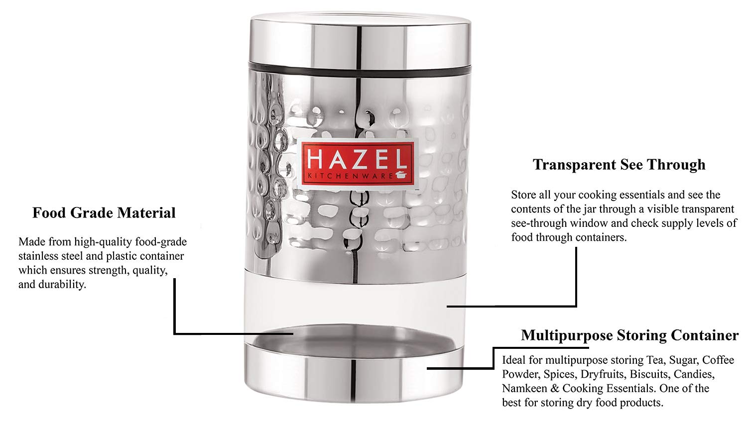 Stainless Steel Hammered Finish Transparent Glossy See Through Container, 1000 ml, Silver