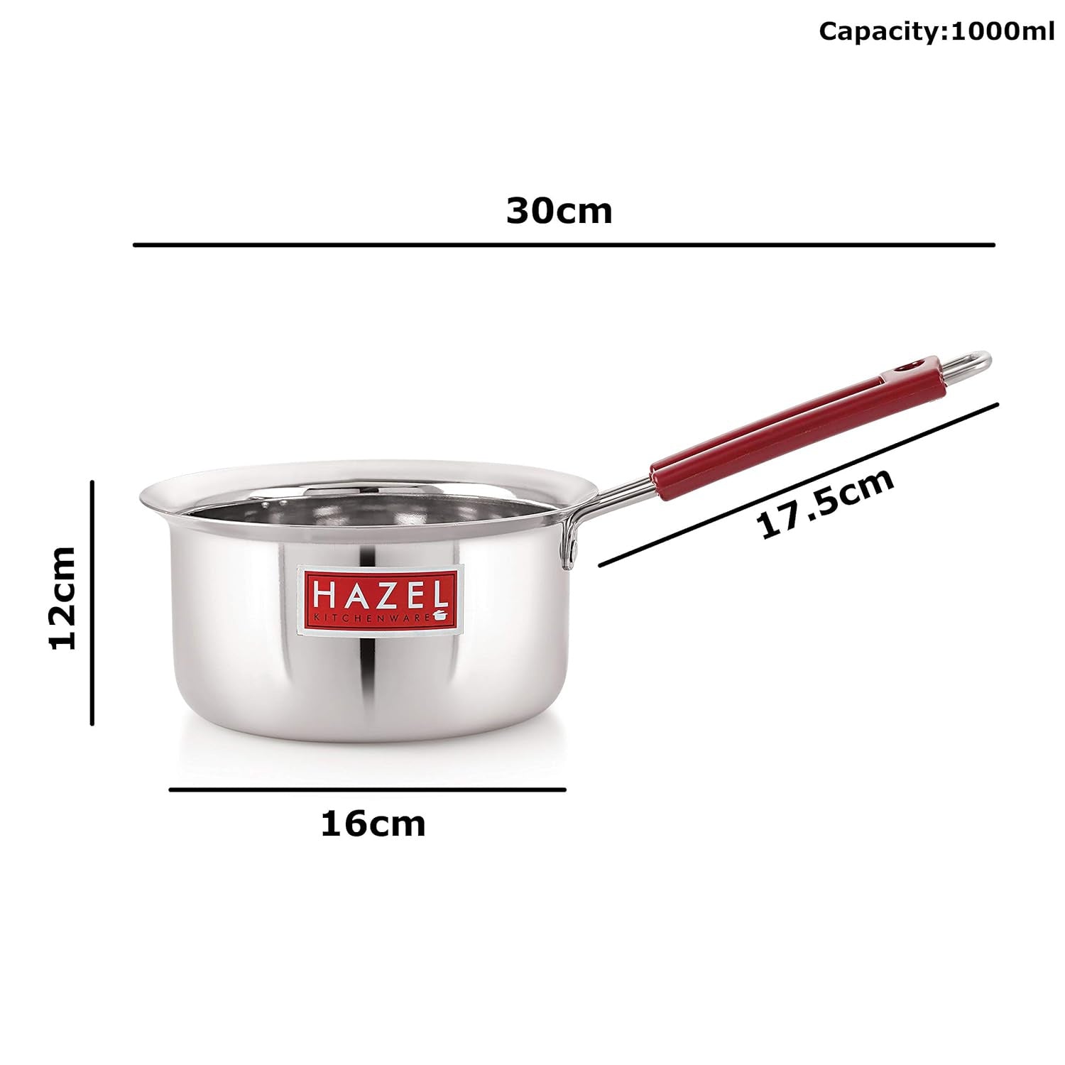 Stainless Steel Milk Saucepan Tea Pan With Fixed Rubber Grip Handle, 1000 ml, Silver