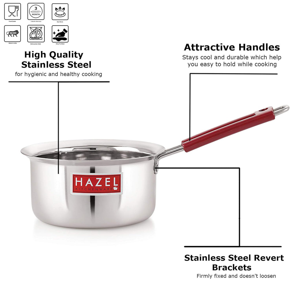Stainless Steel Milk Saucepan Tea Pan With Fixed Rubber Grip Handle, 1000 ml, Silver