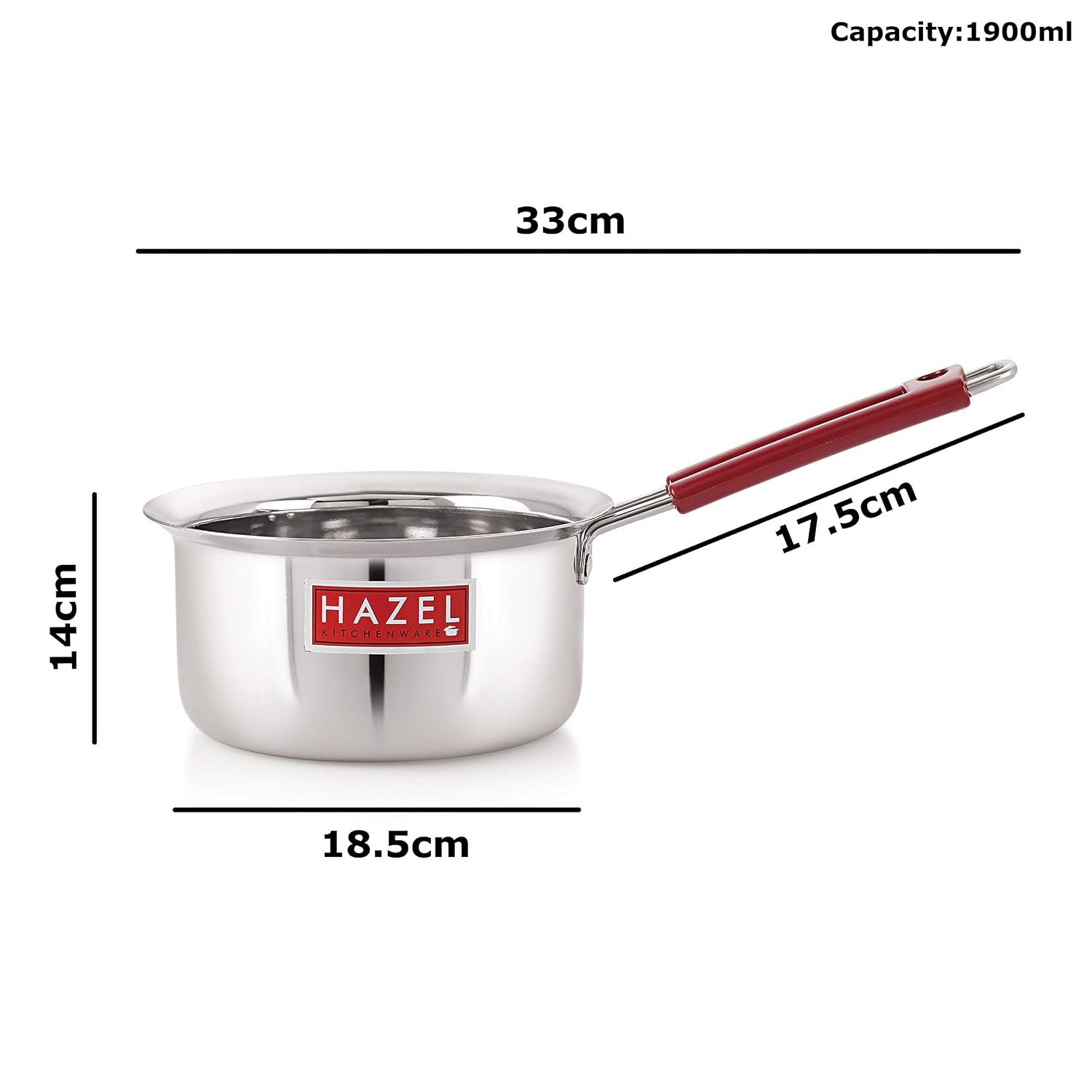 Stainless Steel Milk Saucepan Tea Pan With Fixed Rubber Grip Handle, 1900 ml, Silver
