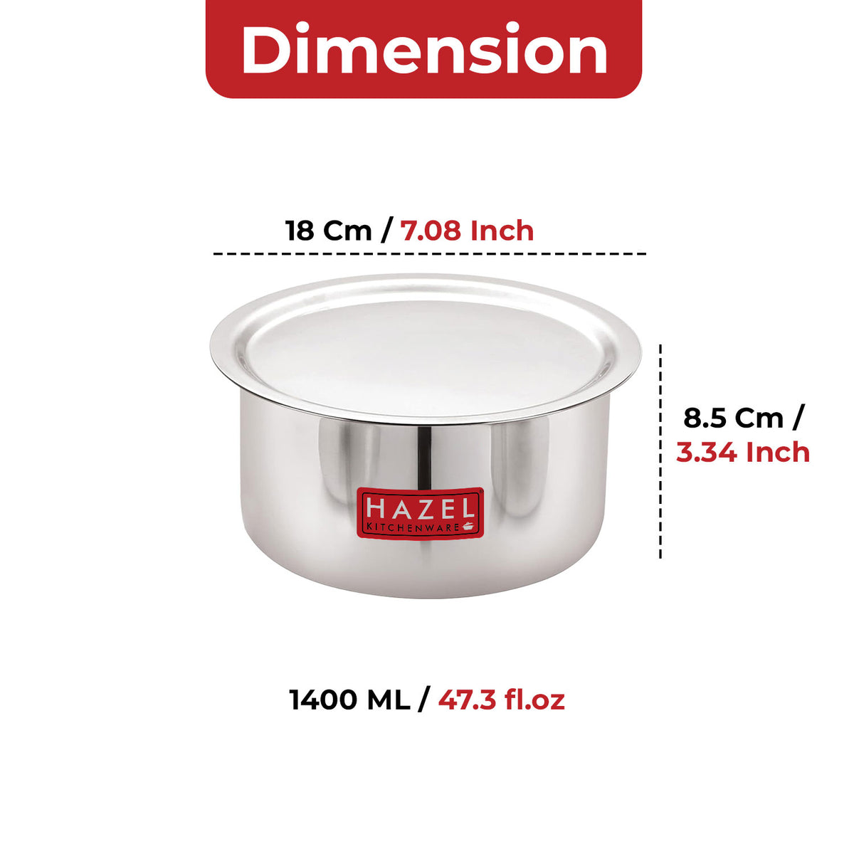 Tope with lid annotated with length, breadth, and height dimensions (18 cm, 18 cm, 8.5 cm).