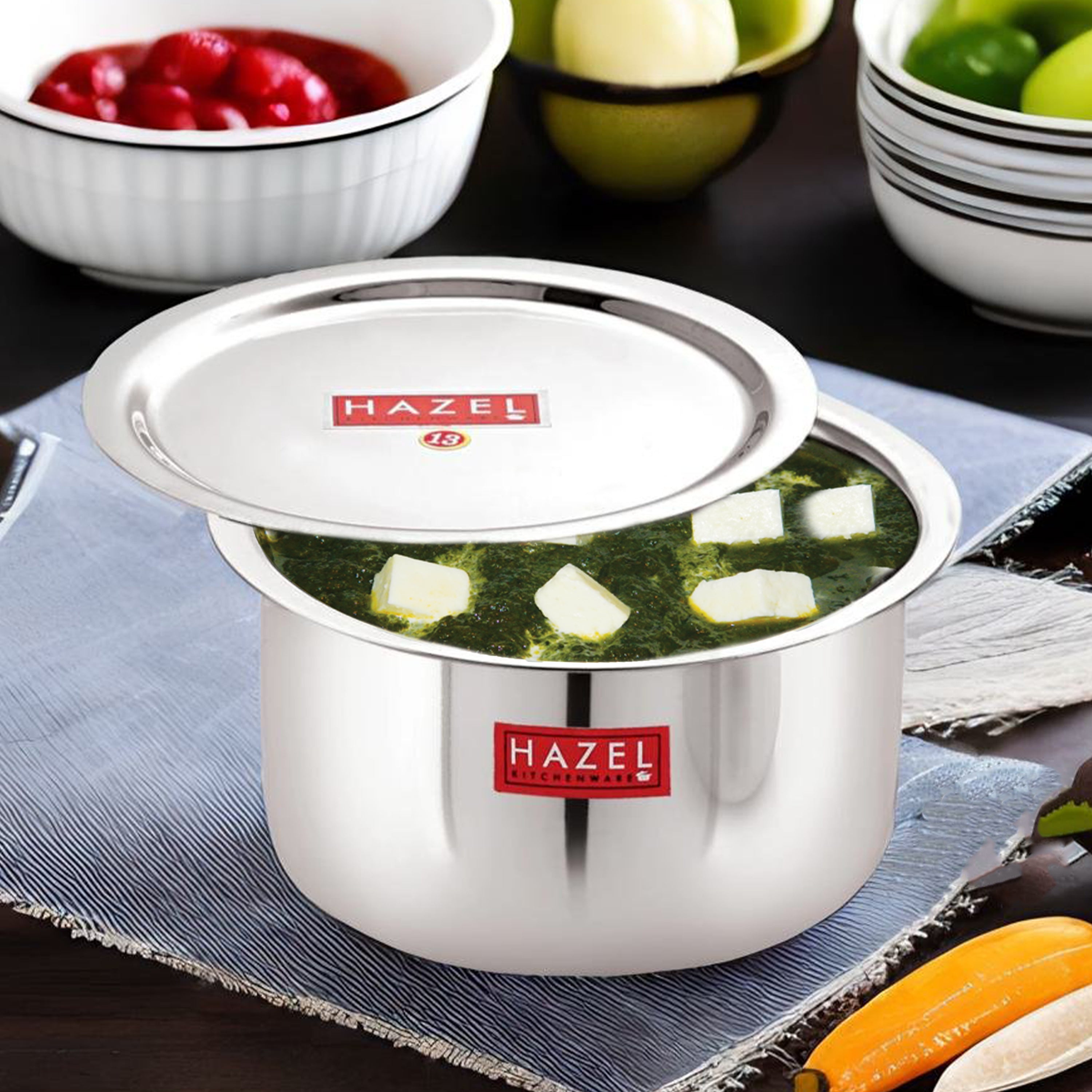 Stainless Steel Tope Patila With Lid Flat Bottom Boiling Vessels Bhagona Dekchi, 21 cm, 2300 ml