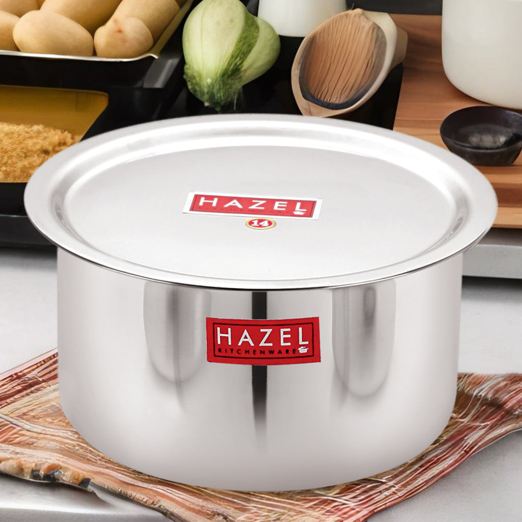 Stainless Steel Tope Patila With Lid Flat Bottom Boiling Vessels Bhagona Dekchi, 22.5 cm, 2900 ml