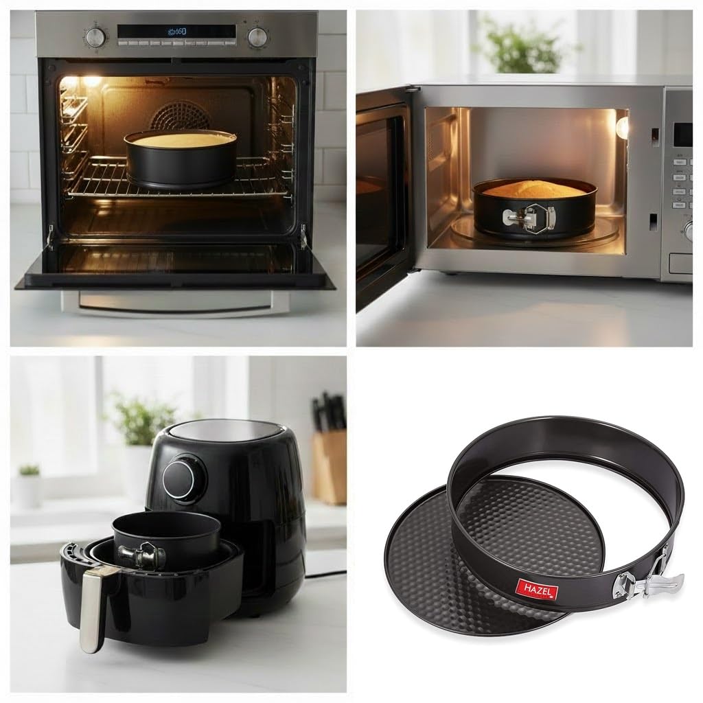 Aluminium Non Stick Springform Cake Mould shown in use and in product views.