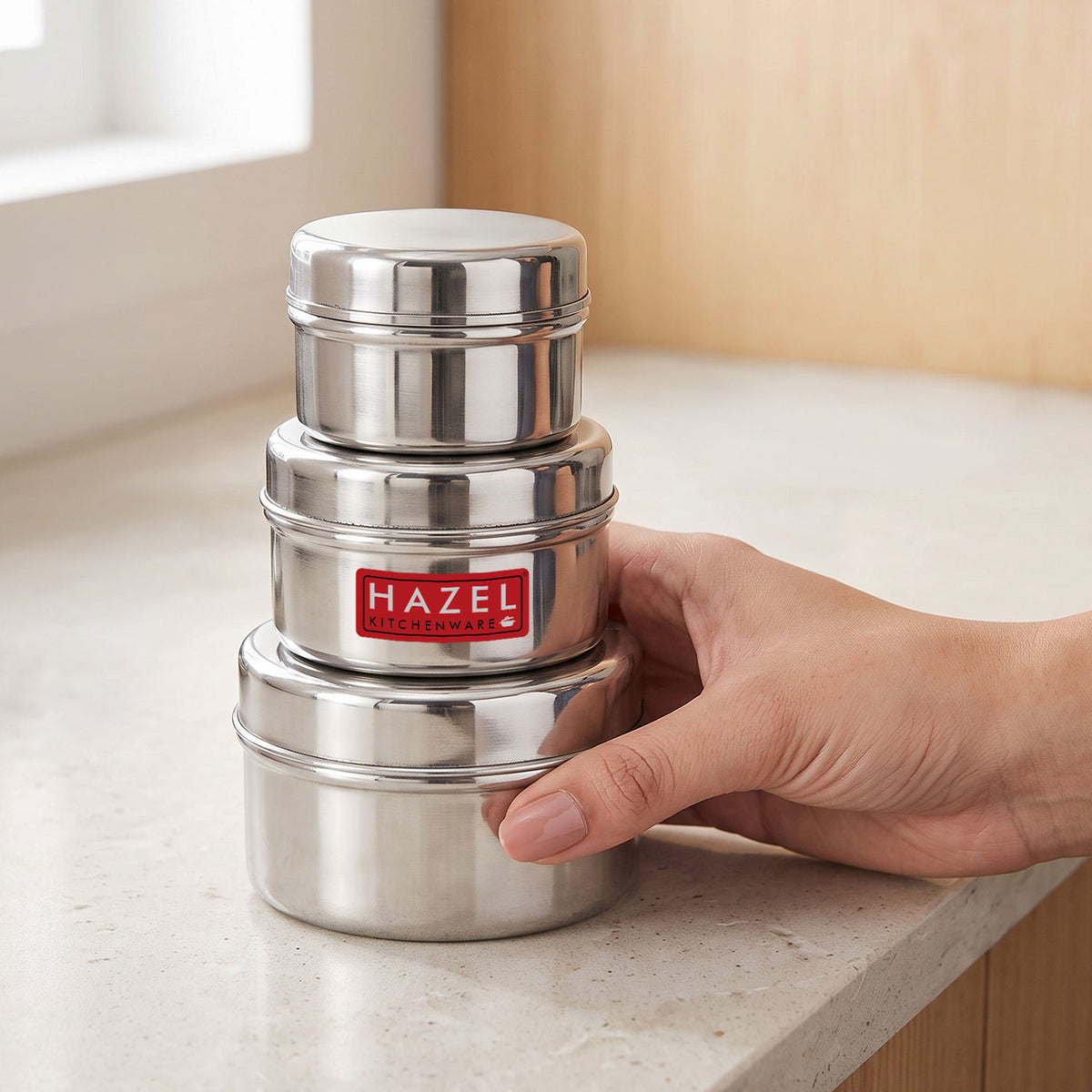 Stainless Steel Mini Containers for Kitchen Spices, Set of 3 - 50, 100 & 150 ML