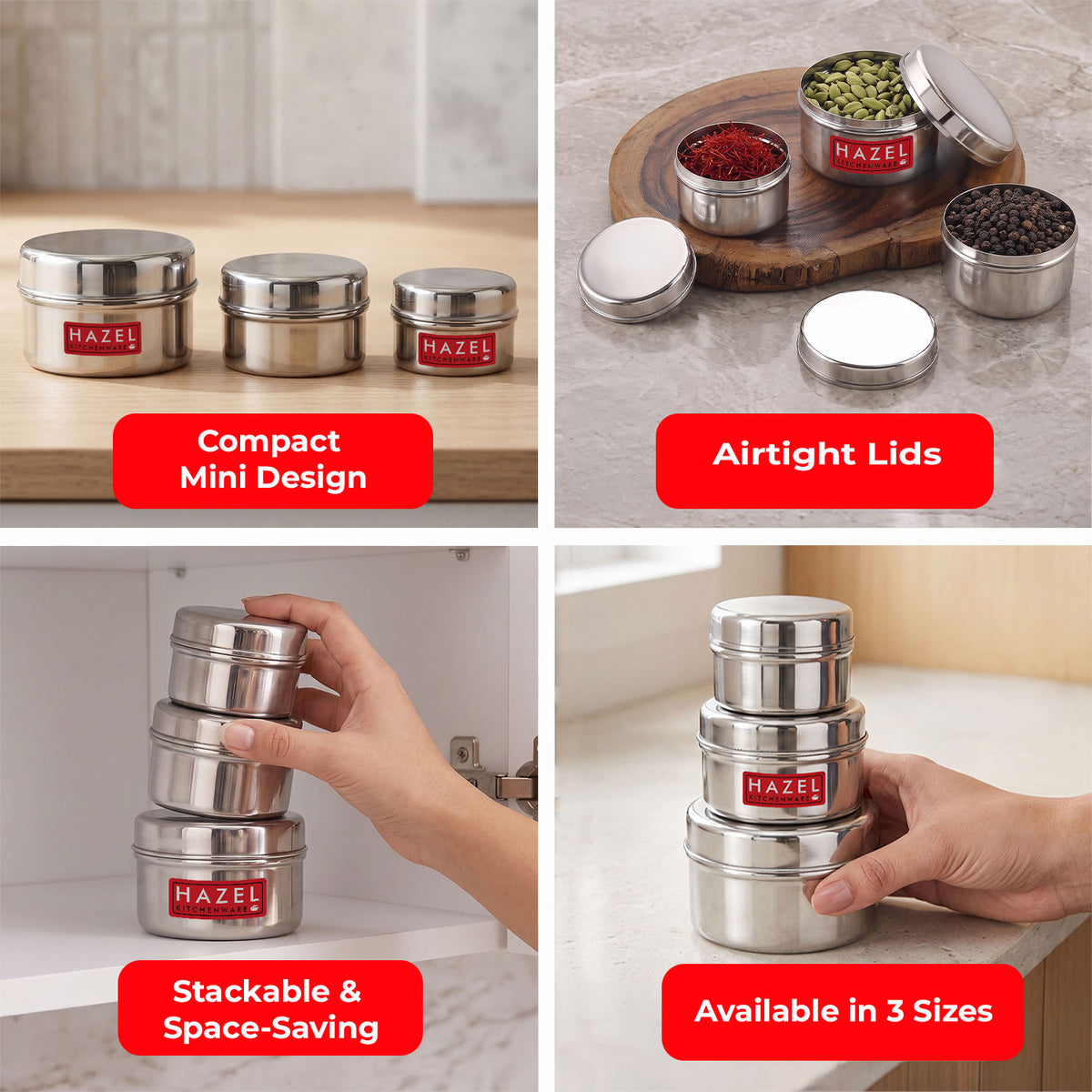 Stainless Steel Mini Containers for Kitchen Spices, Set of 3 - 50, 100 & 150 ML