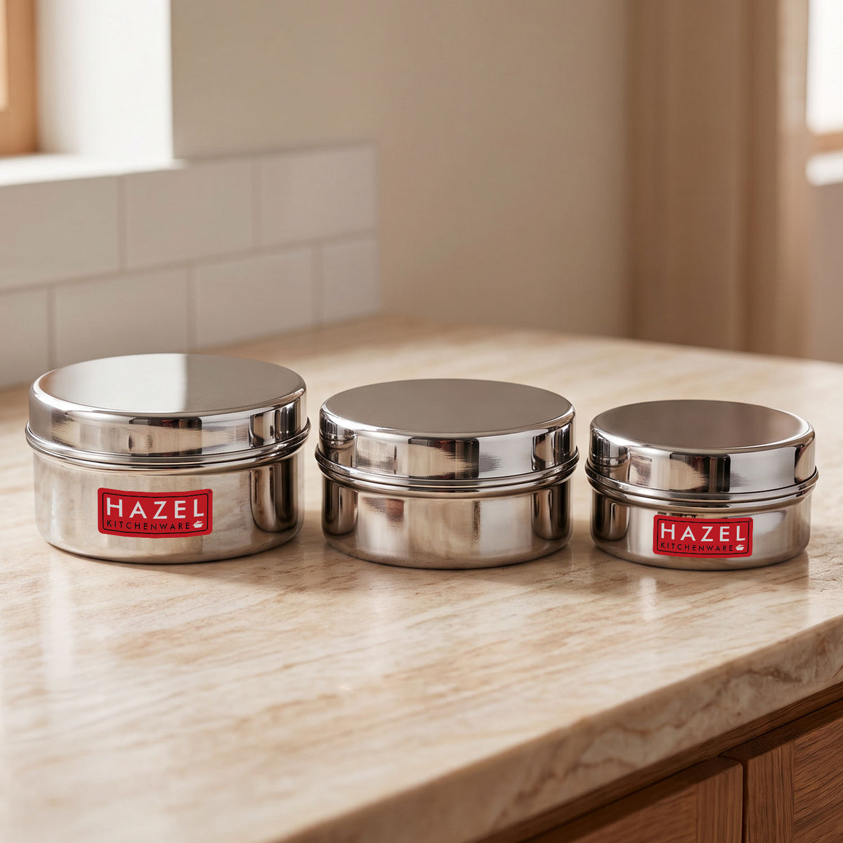 Stainless Steel Mini Containers with Airtight Lid, Set Of 3 - 250, 300 & 350 ML