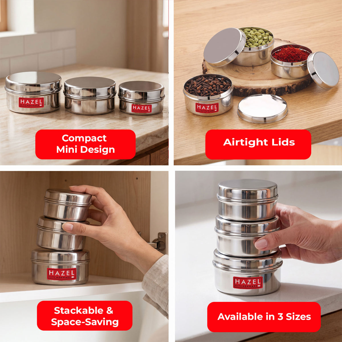 Stainless Steel Mini Containers with Airtight Lid, Set Of 3 - 250, 300 & 350 ML