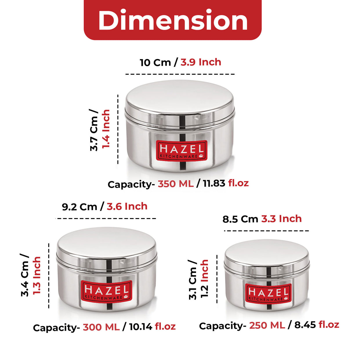 Stainless Steel Mini Containers with Airtight Lid, Set Of 3 - 250, 300 & 350 ML