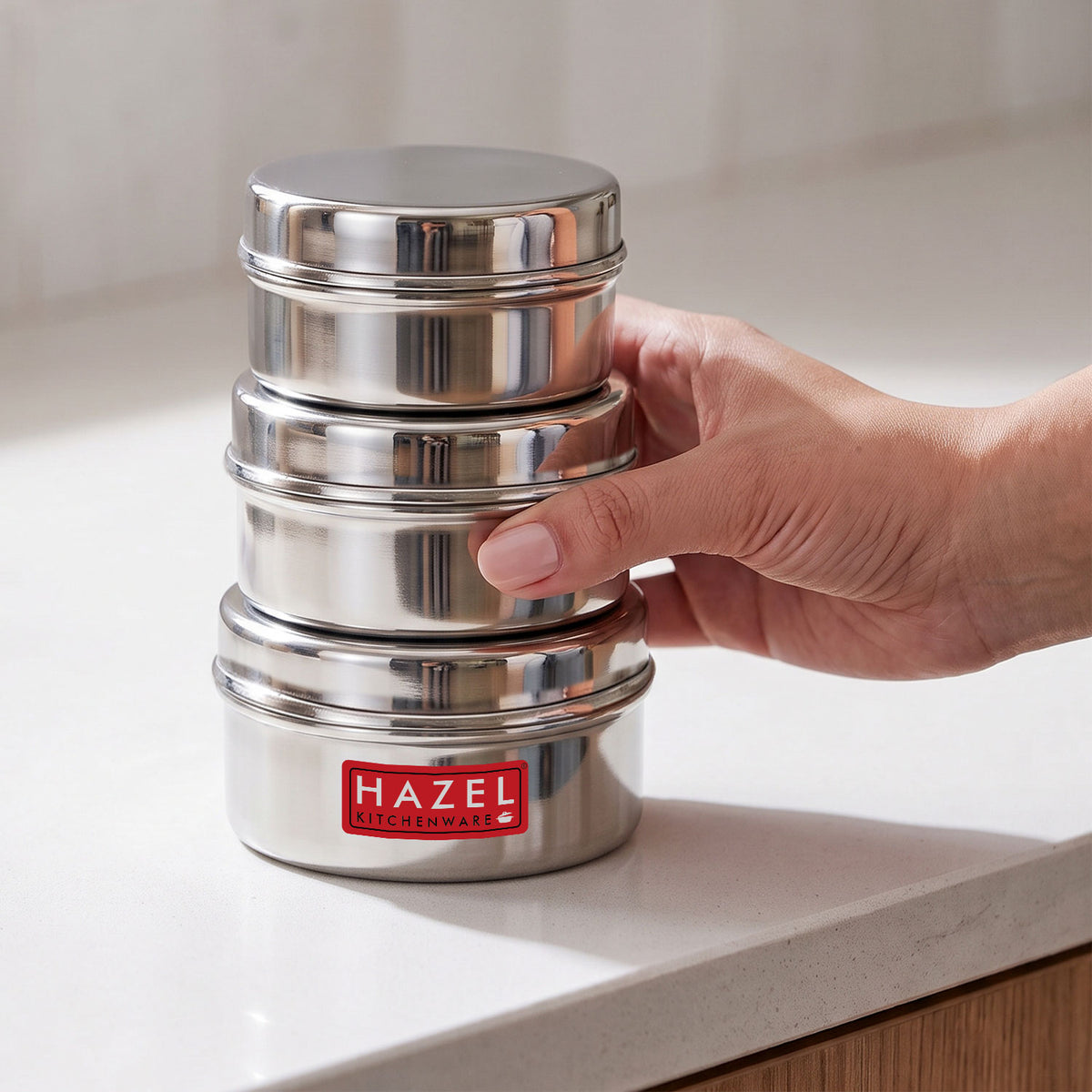 Stainless Steel Mini Containers with Airtight Lid, Set Of 3 - 250, 300 & 350 ML
