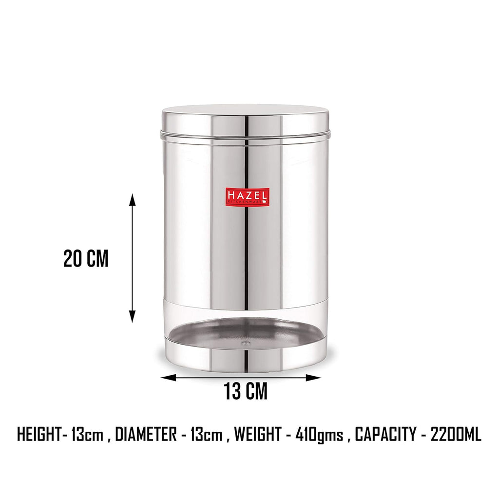 Stainless Steel See Through Glossy Finish Storage Jar Dabba, 2200 ml