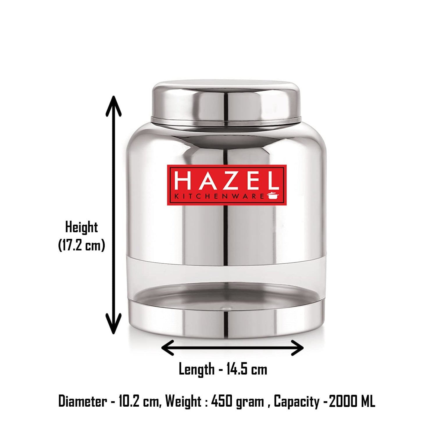 Stainless Steel Transparent Container Glossy Finish Airtight See Through Jar Barni, 2000 ml