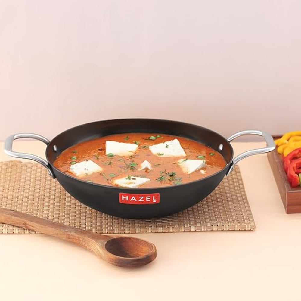 Iron Kadhai Deep Bottom Kadai Frying Kadhai with Golden Handle, 22 cm, 1750 ml