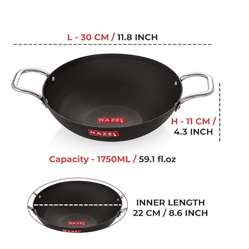 Iron Kadhai Deep Bottom Kadai Frying Kadhai with Golden Handle, 22 cm, 1750 ml