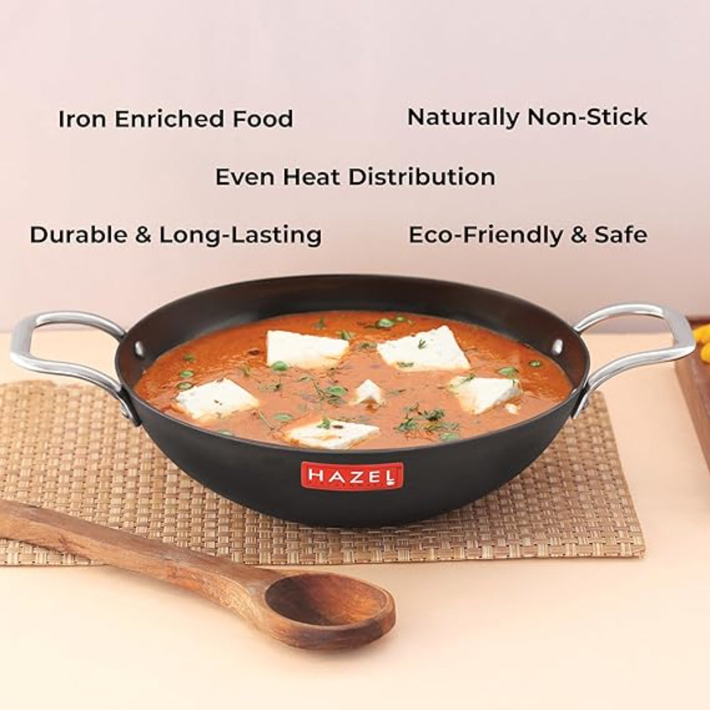 Iron Kadhai Deep Bottom Kadai Frying Kadhai with Golden Handle, 22 cm, 1750 ml
