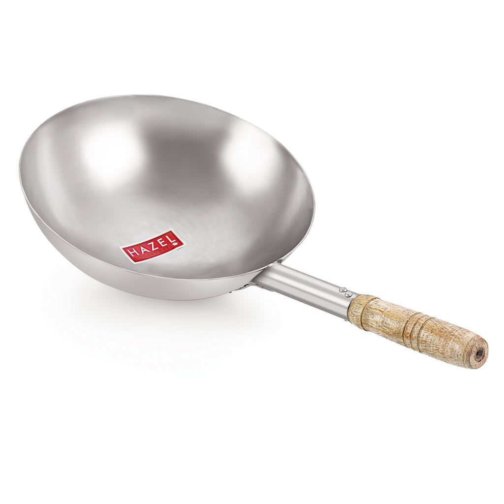 Steel Chinese Wok Kadhai with Wooden Handle, 2900 ml, 28.5 cm